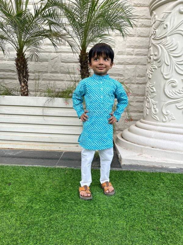 Blue Leheriya Printed Kids Kurta Pajama