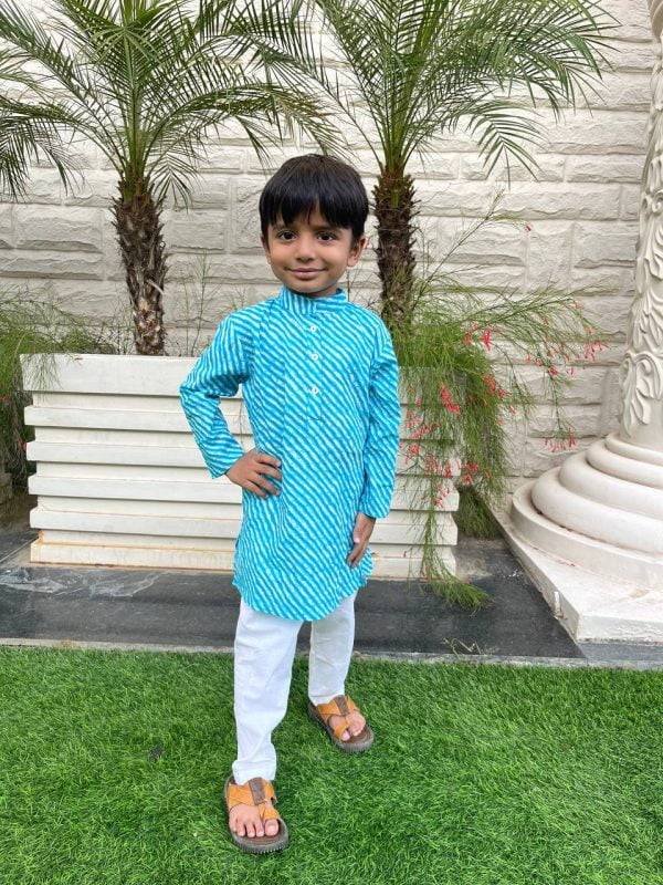 Blue Leheriya Printed Kids Kurta Pajama