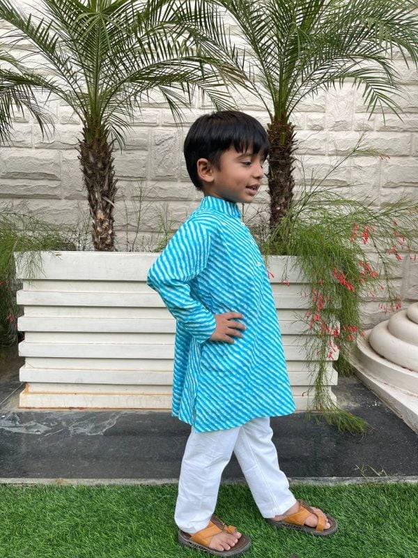 Blue Leheriya Printed Kids Kurta Pajama