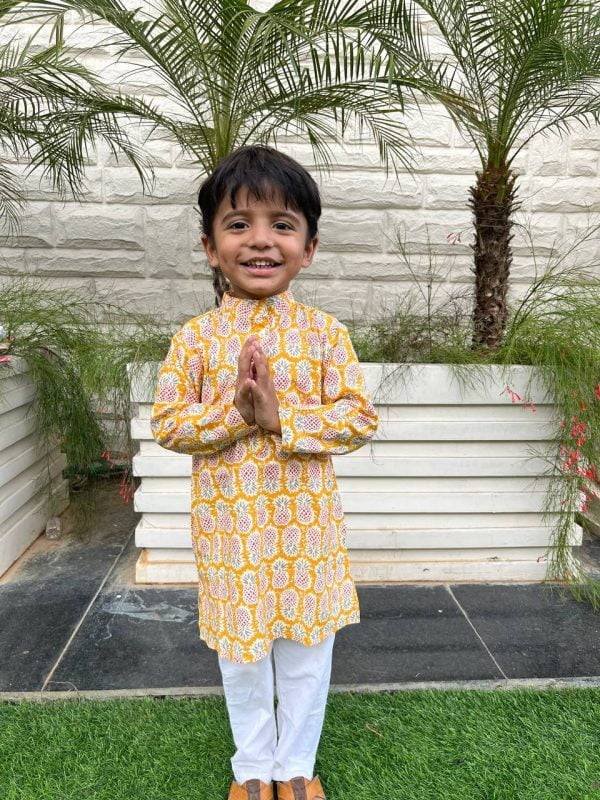 Yellow Pineapple Printed Kids Kurta Pajama