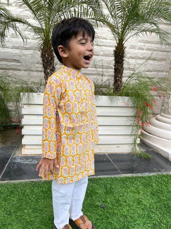 Yellow Pineapple Printed Kids Kurta Pajama