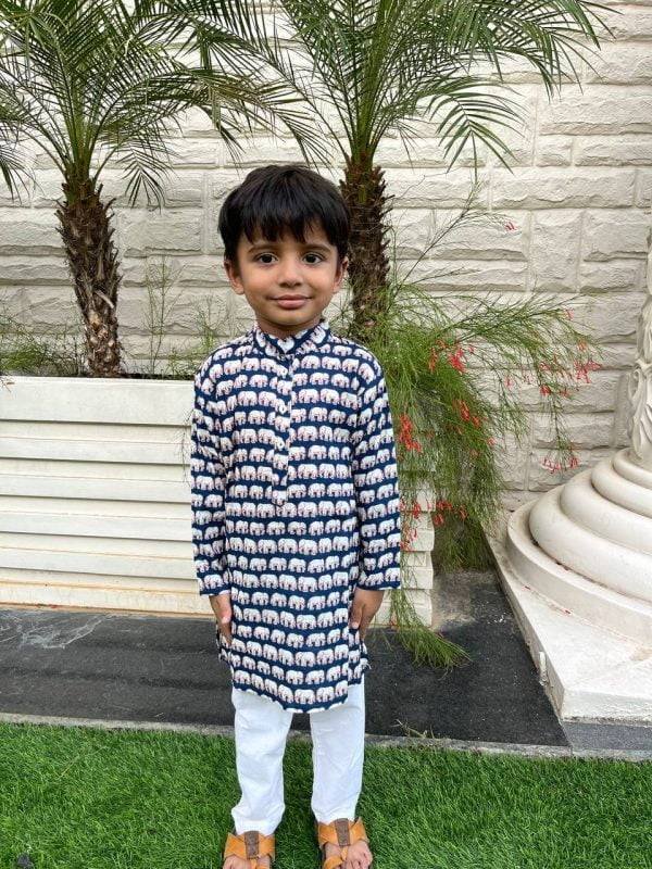 Blue Elephant Printed Kids Kurta Pajama