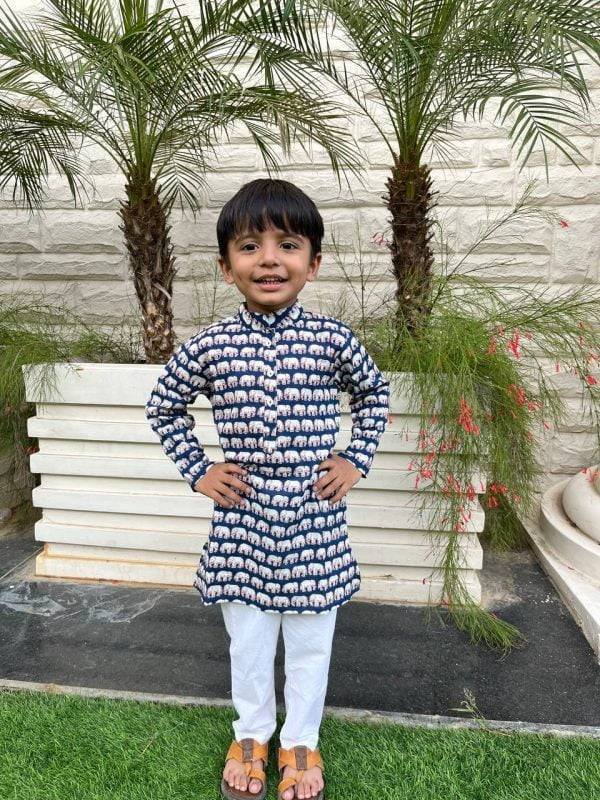 Blue Elephant Printed Kids Kurta Pajama