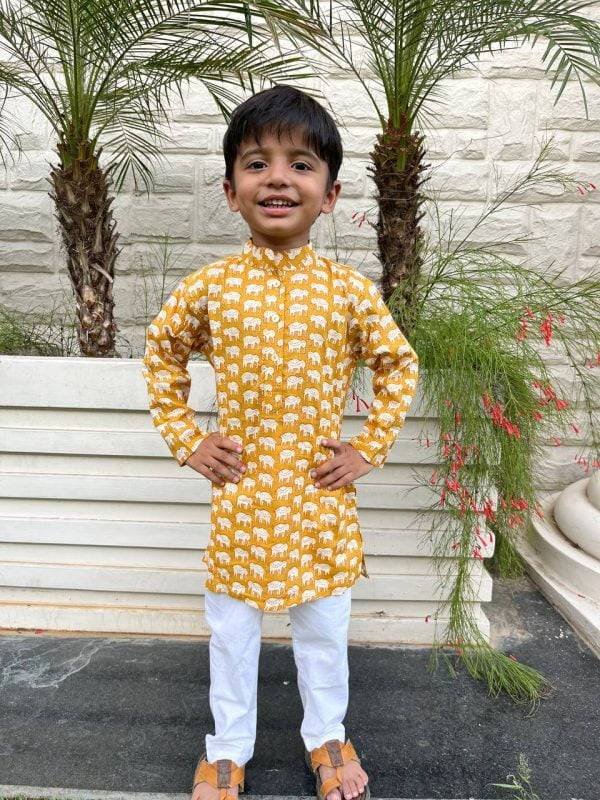 Yellow Elephant Printed Kids Kurta Pajama