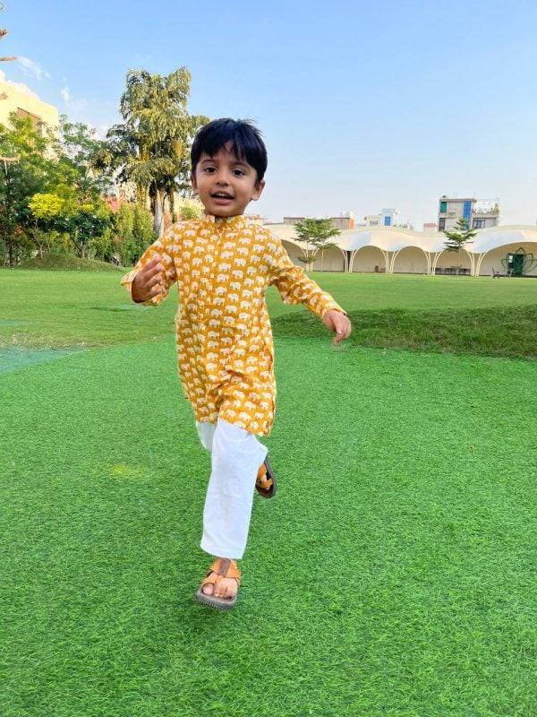 Yellow Elephant Printed Kids Kurta Pajama