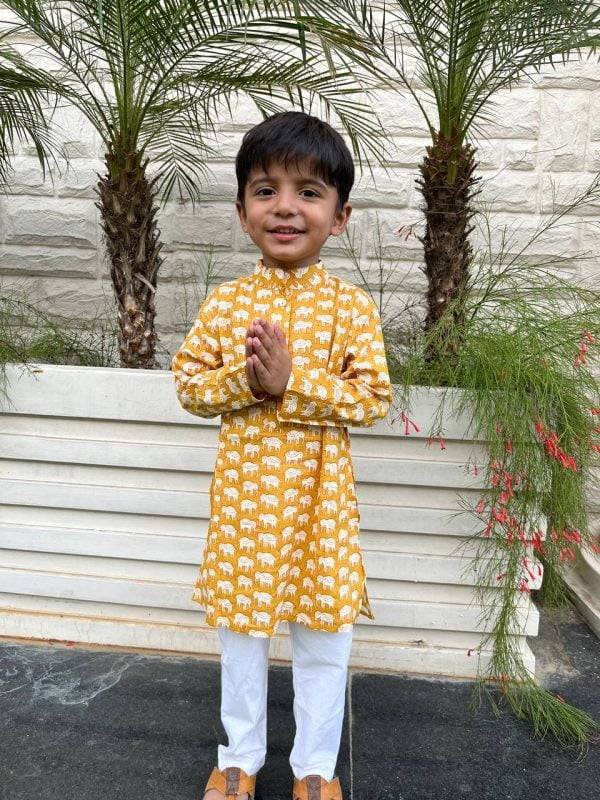 Yellow Elephant Printed Kids Kurta Pajama