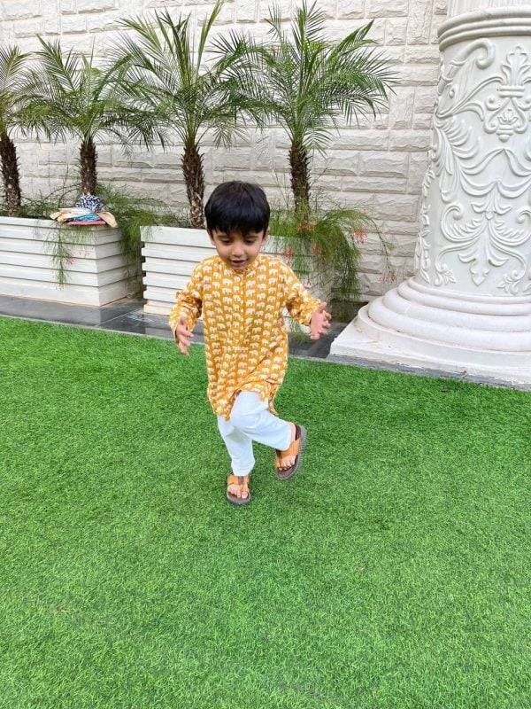 Yellow Elephant Printed Kids Kurta Pajama