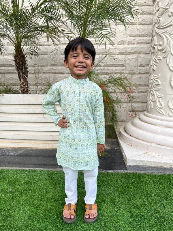 Green Pineapple Printed Kids Kurta Pajama