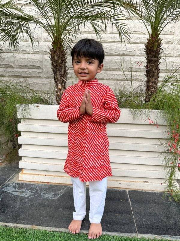 Red Leheriya Printed Kids Kurta Pajama