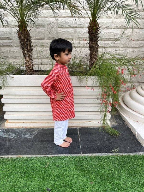 Red Leheriya Printed Kids Kurta Pajama