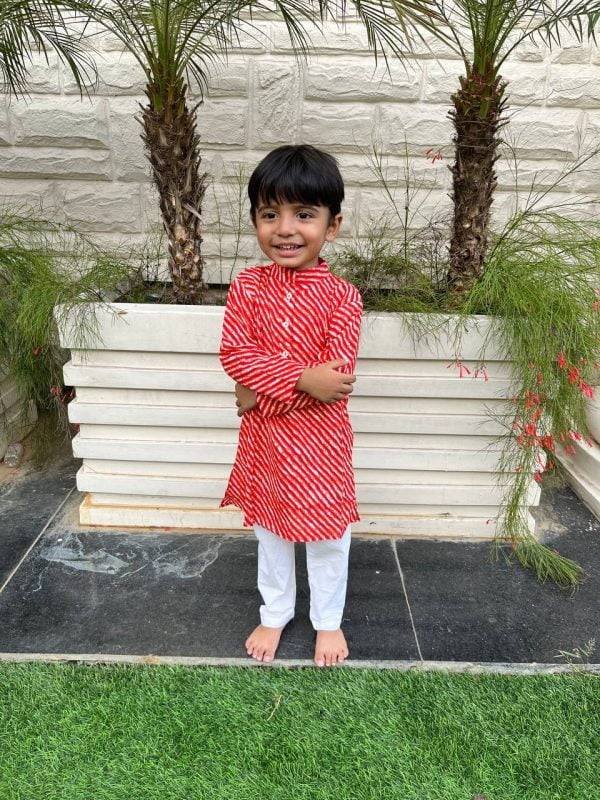 Red Leheriya Printed Kids Kurta Pajama