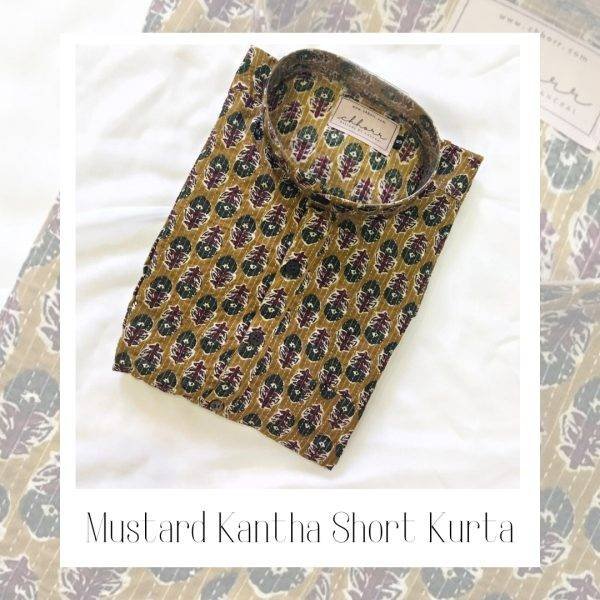 Mustard Kantha Printed Short Kurta