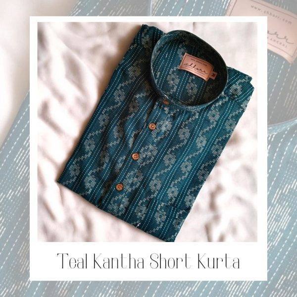 Teal Blue Kantha Short Kurta